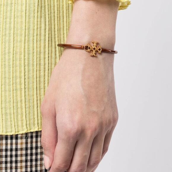 NWT Tory Burch Kira Brown Enamel, Gold Logo  Hinged Cuff Bracelet - Picture 3 of 4